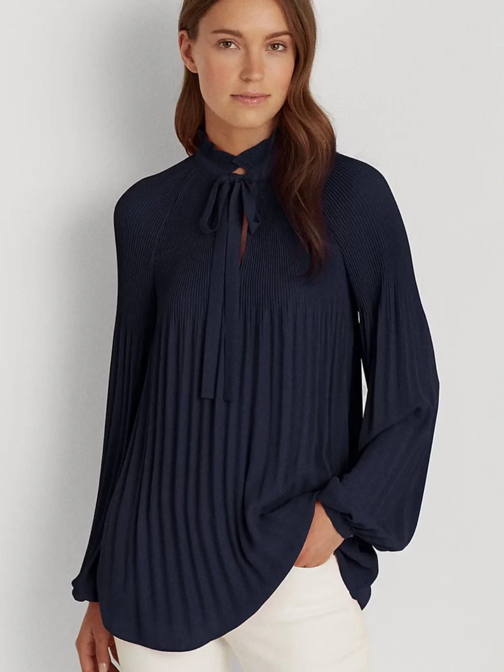 Lauren Ralph Lauren Georgette Tie-Neck Top LRL Blue 3XL Pleated Classic Office